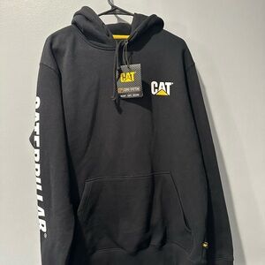 Caterpillar Black Hoodie with White Sleeve Logo and Yellow Accent